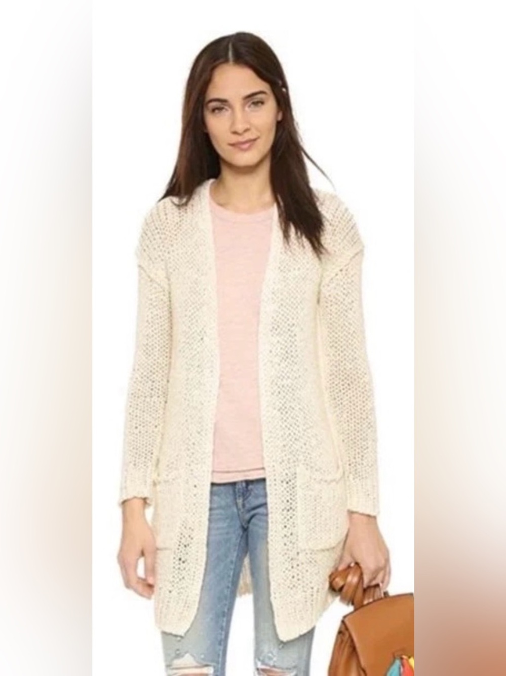 Free People Sz M Simply Sienna Cream Open Knit Relaxed Open Front Cardigan